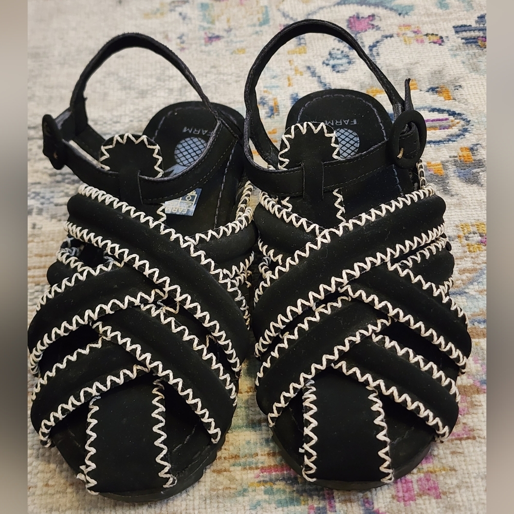FARM Rio Black Slingback Sandals with White Stitching, Size 36.5_6